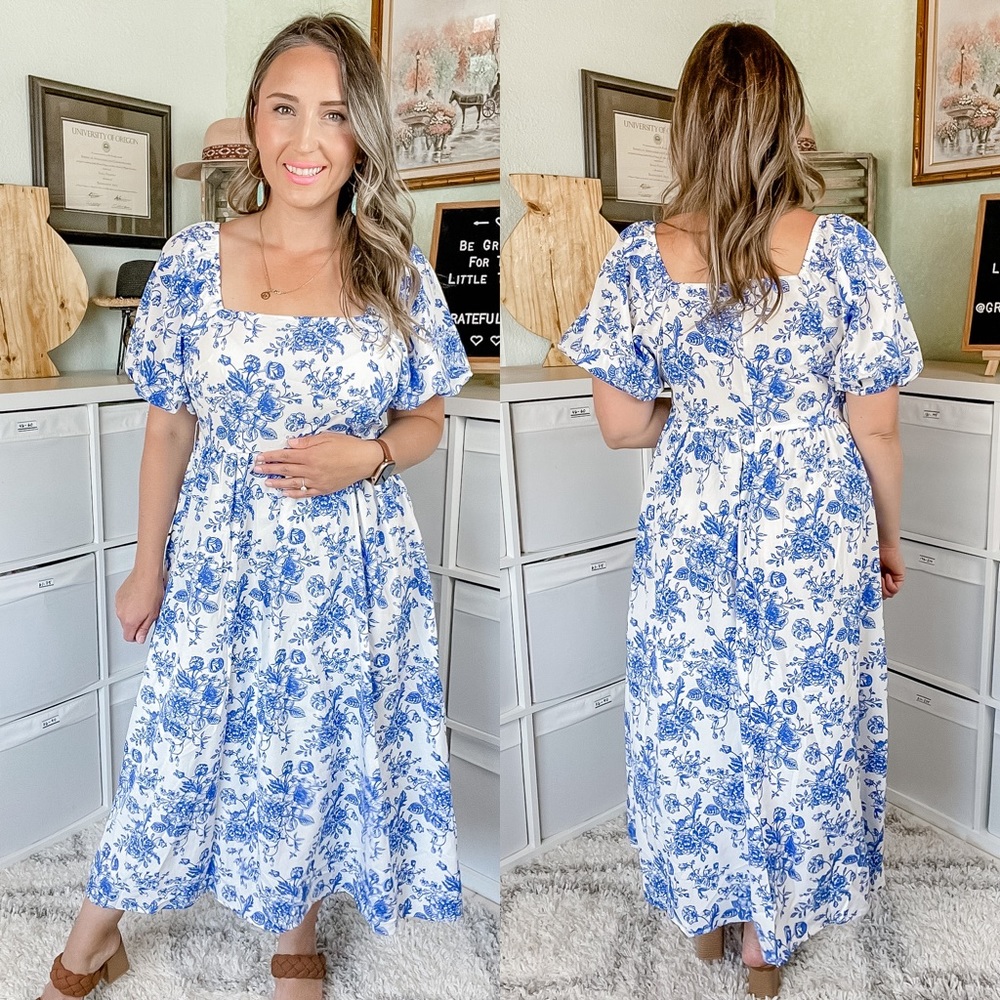 Shein Curve Blue Ditsy Floral Puff Sleeve Midi Dress Size 0XL/ Size 12